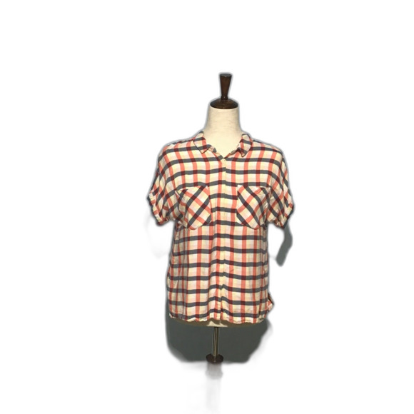 Blue Orange Plaid Rayon Button-Up Shirt with Pockets M - Picture 1 of 8